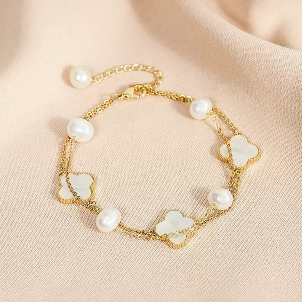 Natural Freshwater Pearl Lucky Clover Double Chain Bracelet - 18K Gold Plated